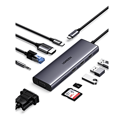 Hub USB-C 10 en 1 / HDMI 4K@30Hz + VGA 1920×1200 / 3x USB 3.0 5Gbps / Ethernet Gigabit / SD/TF Card Reader / PD 100W / Audio 3.5mm / Doble Pantalla Simultánea / Plug & Play Universal