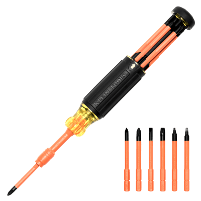 Destornillador Aislado 6-en-1 Auto-Lock / Aislado 1000V CAT III / Almohadilla de agarre / Almacenamiento de brocas integrado / Bits Philips #1 #2 / Slotted 3/16″ 1/4″ / Square #1 #2