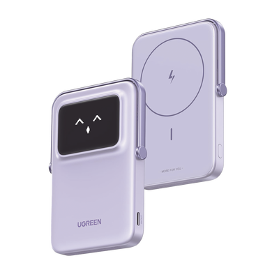 Power Bank Inalambrico | 5000mAh | 7.5W  |  Con Emojis de Estado | Carga Rápida USB-C Bidireccional  | Pantalla TFT  Inteligente | 13 niveles de Proteccion | Con Holder | Color Purple.