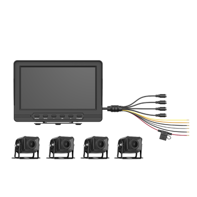 Sistema de Monitoreo Local / 4 Cámaras 1080p para Exterior (IP68) y Pantalla LCD de 7″ a Color / Memoria Micro SD de 64 GB (Expandible a 512 GB) / Soporta Cambio de Cámara al Dar Reversa al Vehiculo / Accesorios de Instalación