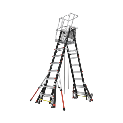 Escalera de Fibra de Vidrio  con Jaula de 8′-14′ (2.44 – 4.27 m). Con Ajuste en Ruedas (RATCHET™ Leveler) (SKU:18515-817).