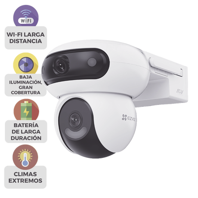 Cámara de Seguridad Dual 4G LTE + WiFi 6 / 4MP + 4MP Dual Lente / 360° Panorámica / Detección IA Humano-Vehiculo / Seguimiento Automático / Almacenamiento MicroSD 512GB + Nube / Resistente a Int