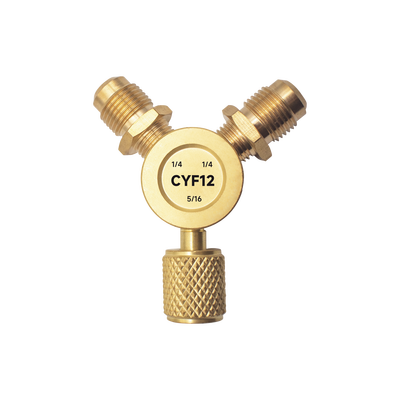 Conector Y CYF12 para Sistemas de Refrigeración / 2 Entradas 1/4″ Macho Flare / 1 Salida 5/16″ Hembra Flare / Recuperación Rápida y Evacuación / Material Metálico Resistente
