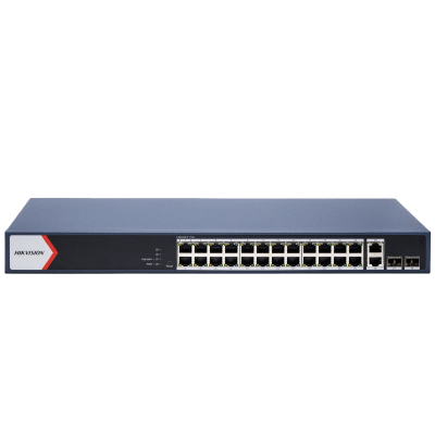 Switch Gigabit PoE+ / Administrable / 24 Puertos 1000 Mbps PoE+ / 2 Puertos 1000 Mbps Uplink / 2 Puertos SFP Uplink / Configuración Nube desde Hik-PartnerPro / Modo Extendido hasta 300 Metros / 370 W