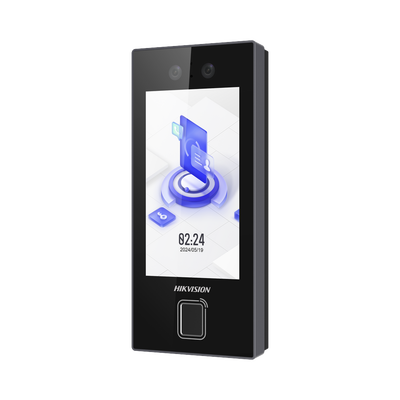 Terminal Facial Min Moe con LECTOR DE HUELLAS y Tarjetas PROX EM / 3000 Rostros / 3000 Huellas / Pantalla 4.5″ / Administrable en la Nube con HikConnect Teams  / Exterior IP65  / PoE / WiFi / HIK-IA / SIP Estandar
