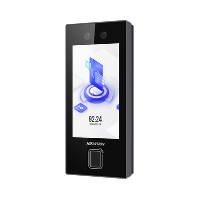Terminal Facial Min Moe con LECTOR DE HUELLAS y Tarjetas MIFARE / 3000 Rostros / 3000 Huellas / Pantalla 4.5″ / Administrable en la Nube con Hik-Connect Teams  / Exterior IP65  / PoE / WiFi / HIK-IA / SIP Estandar