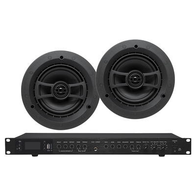 Amplificador de Audio con 2 Bocinas SP6 | 2 x 60W | Baja Impedancia 4 – 8Ω | Reproductor Bluetooth, USB, SD | Efectos Integrados Delay, Echo, Repeat