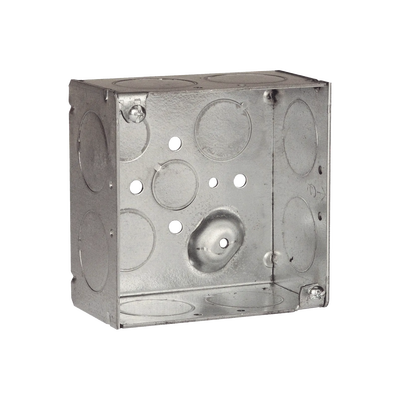 Caja Cuadrada Galvanizada de 4″ x 4″/ Profundidad de 2 1/8″ /8 Entradas 1″, 3 Entradas 1/2″ y  2 Entradas 3/4″/ Soldada.
