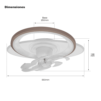 Ventilador de Techo con Luminario LED de 110 V CA 50/60 Hz /  88 W / 3 Tonos de Luz (6500 – 4 000 – 2 700 K) / Con giro 360° / Diámetro 550 mm / 6 Velocidades / Dimeable.