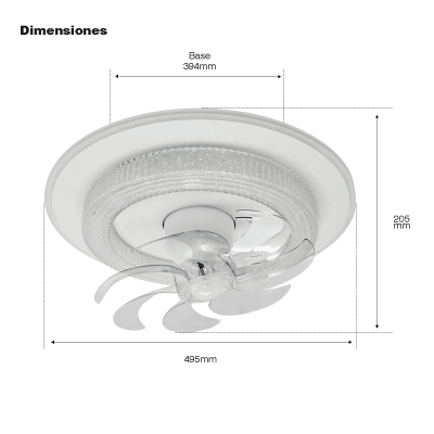 Ventilador de Techo con Luminario LED de 110 V CA 50/60 Hz /  88 W / 3 Tonos de Luz (6500 – 4 000 – 2 700 K) / Con giro 360° / Diámetro 495 mm / 6 Velocidades / Dimeable.