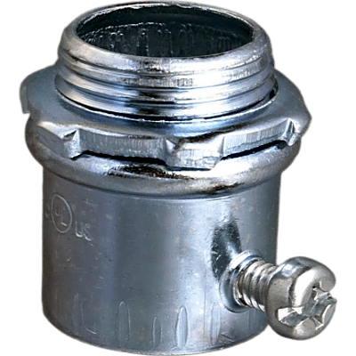Conector 1/2″ ( 13mm) para Tubo Pared Delgada (EMT) / Con tornillo tipo americano / Galvanizado / Etiqueta Verde.