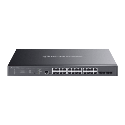 Switch L2+ Gestionado Omada / 24 Puertos Gigabit RJ45 + 4 Puertos 10G SFP+ / 16 Puertos PoE+ (30W) + 8 Puertos PoE++ (90W) / 128 Gbps Capacidad / 95.23 Mpps Forwarding / 500W PoE Budget / SDN Cloud Management