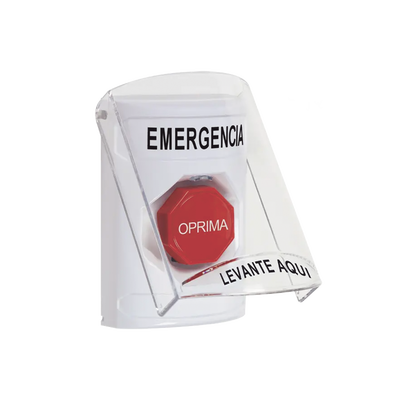 Botón Multipropósito, Color Blanco, De Superficie, Con Tapa De Policarbonato, Con Bocina Pre Alarma, Solo Interior, Llave Para Restablecer, Texto De Emergencia, Español