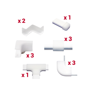 Kit de Accesorios Para la Canaleta TMK0812, El Paquete Incluye 13 Piezas en Total, Son 2 Esquineros Exteriores, 3 Esquineros Interiores, 3 Secciones «L», 3 Piezas de Unión, 1 Sección «T» y 1 Tapa Final.