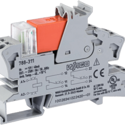 Módulo Relé / 12V DC / 8A / 2 Inversores / LED Rojo / Push-in CAGE CLAMP® / Montaje Carril DIN / IP20 / Gris