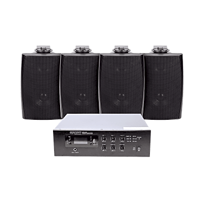 KIT de Amplificador de 240W para Escritorio | 4 Altavoces de Pared color Negro 2.5W – 20W | Sistema 70/100V