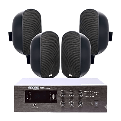 KIT de Amplificador de 240W para Escritorio | 4 Altavoces de Pared color Negro 3W – 50W | Sistema 70/100V