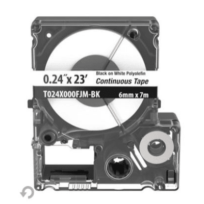 Casete de Etiquetas de Poliolefina de Cinta Continua, Color Negro Sobre Blanco, Uso Interior/Exterior, 5.82 mm de Ancho x 7 Metros (22.97 Pies) de Largo