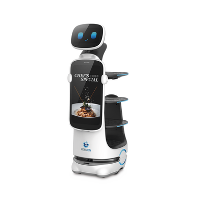 Robot de Servicio Dinerbot T10 / Entregas y Publicidad Multimodal / Autonomía 8 Horas / Carga 40 kg (88 lbs) / Pantalla Táctil 11.6″ / Evasión Obstáculos 300° / Velocidad 1 m/s (3.28 ft/s)