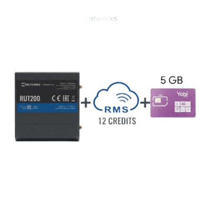Router Teltonika LTE/4G RUT200 + 12 creditos RMS + SIM de YOBI de 5GB por Mes durante un año de servicio (solo datos)