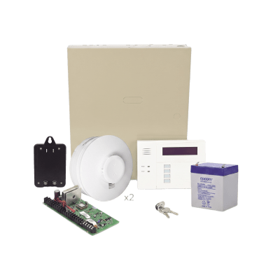 Kit de panel de intrusión de 48 zonas con 2 detectores de humo inalámbricos incluidos, 3 particiones y carga/descarga por Internet