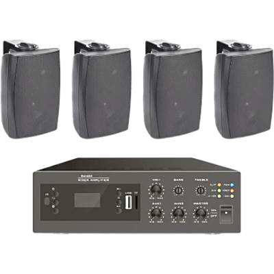 KIT de Amplificador de 240W para Escritorio | 4 Altavoces de Pared color Negro 2.5W – 20W | Sistema 70/100V