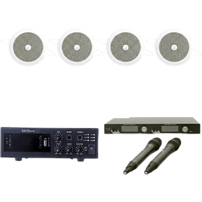KIT Ideal para Salas de Conferencias | Amplificador de 120W EPB120E | 2 Micrófonos Inalámbricos SF521UH | 4 Altavoces de Plafón de 4″ SF104GD