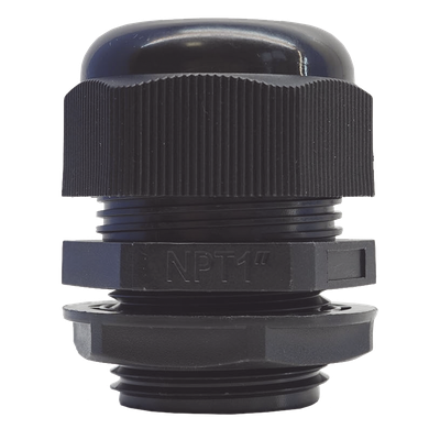 Conector Glándula Plástico / Rosca NPT 1″ (25.4 mm) / Rango de Cable 16-22 mm / Color Negro / 7 Dimensiones Precisas